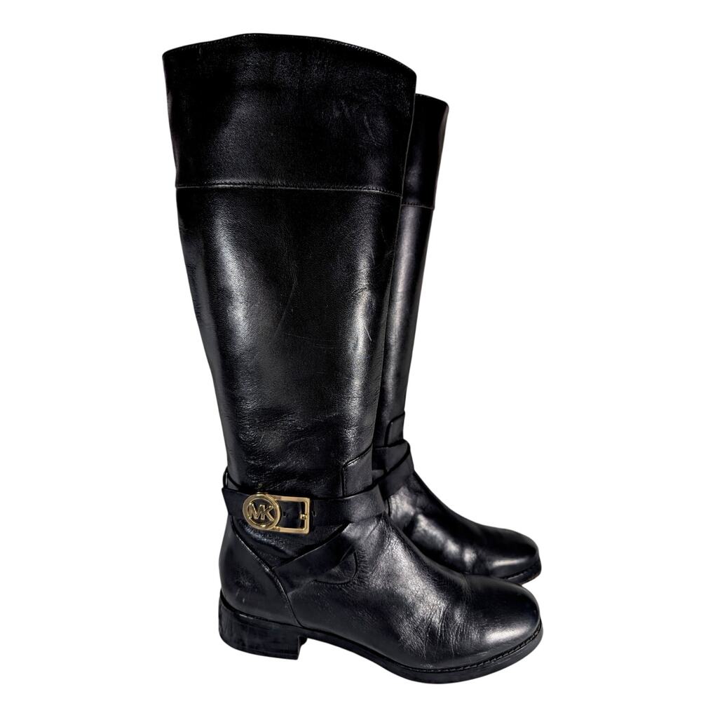 MICHAEL KORS! BLACK GENUINE LEATHER 2 WRAPPED ANKLE STRAPS GOLD LOGO BOOTS! 7.5M